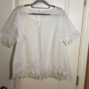 Peppercorn Women's White Cotton Blouse Lace Top Semi Sheer Size L